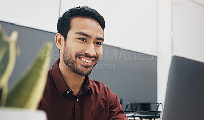Buy stock photo Face, happy and laptop with a business man in the office, working on a company project while sitting at his desk. Computer, smile and mission with a male employee typing an email or report at work