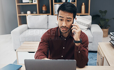 Buy stock photo Phone call communication, laptop problem and man talking to tech contact for computer system, 404 error or database crash. Reading, remote work from home and networking person consulting on crisis