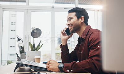 Buy stock photo Phone call, office communication and happy man networking, listening and consulting with digital contact. Profile, chat and business person, consultant or manager talking, speaking or in conversation