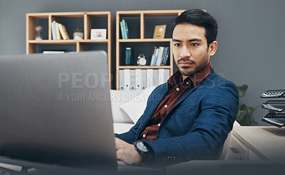Buy stock photo Corporate asian man, laptop and reading in office for email communication, schedule or planning. Entrepreneur, businessman or focus by computer for web design, data analysis or agenda on digital app