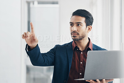 Buy stock photo Virtual, laptop and interactive man pointing at architecture engineering design, cyber UI schematic or blueprint digital transformation. AI screen, IOT dashboard and male architect remodeling office