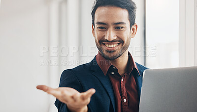 Buy stock photo Invisible hologram, hand and business man in office with gesture for digital, virtual tech and ai. Networking, 3d technology mockup and happy male at desk with laptop for internet, research and ux