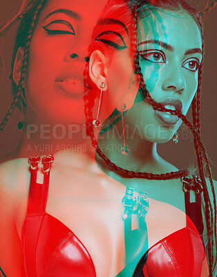 Buy stock photo Black woman, punk face and reflection in studio with makeup, creative beauty and shadow with rgb. Young gen z model, psychedelic and art deco with facial cosmetic, dark aesthetic and double exposure