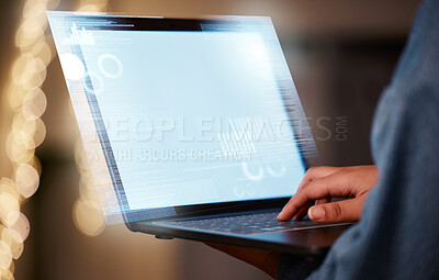 Buy stock photo Mockup screen, typing and employee with a laptop for marketing, website and online search. Digital, business and hands of a corporate worker working on a computer for branding, logo or research