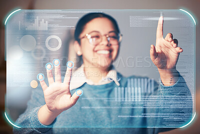 Buy stock photo Woman smile, hands or hologram screen in night office on financial management, stock market trading or business growth data. Zoom, worker or finger on abstract touch for chart or interactive finance