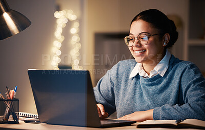Buy stock photo Business, student or laptop in night home office on financial software, investment data or savings growth analytics. Smile, happy or working late woman on technology for finance learning or education
