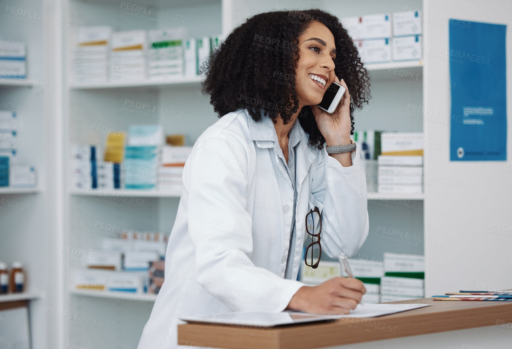 Buy stock photo Phone call, counter and pharmacy woman for medicine, customer service or virtual healthcare support. Happy, friendly and expert doctor, medical person or pharmacist  talking on cellphone at help desk