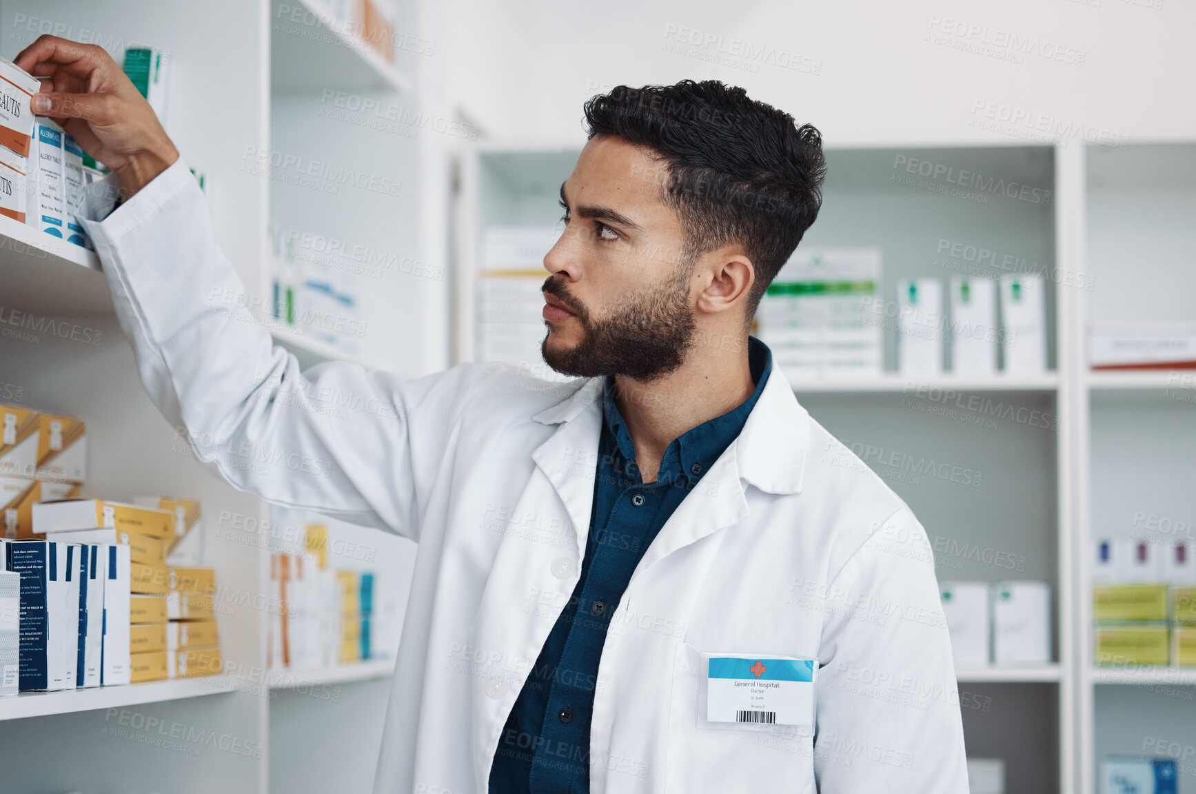 Buy stock photo Pharmacy, medical and shelf with man in store for healthcare, drugs dispensary and treatment prescription. Medicine, pills and shopping with pharmacist for check, label information and product