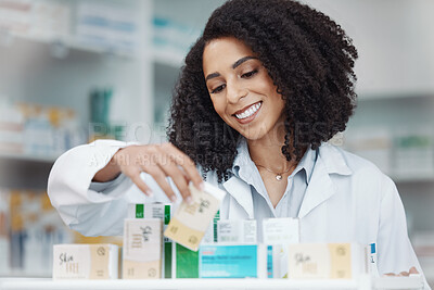 Buy stock photo Pharmacy, medicine and smile with woman in store for healthcare, drugs dispensary and treatment prescription. Medical, pills and shopping with pharmacist for check, label information or product