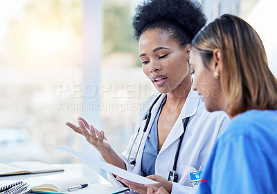 Buy stock photo Collaboration, doctor and nurse in discussion of paperwork or prescription in a hospital or clinic feeling planning. Partnership, medical and healthcare professional workers or colleagues working