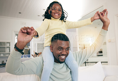 Buy stock photo Black family, home and dad having fun with a child on a living room sofa with happiness. Father bonding, parent love and support of a kid with a smile and father in a house with lens flare in lounge 