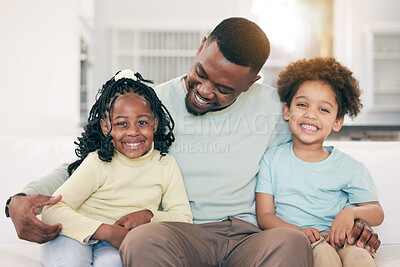 Buy stock photo Love, happy and father on a sofa with his children embracing, relaxing and bonding in the family home. Happy, smile and portrait of kids sitting with their dad in the living room of their house.