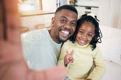 Buy stock photo Happy, selfie and portrait of a father with his child relaxing, resting and bonding on the sofa together. Happiness, smile and African dad taking a picture with girl kid while sitting in living room.