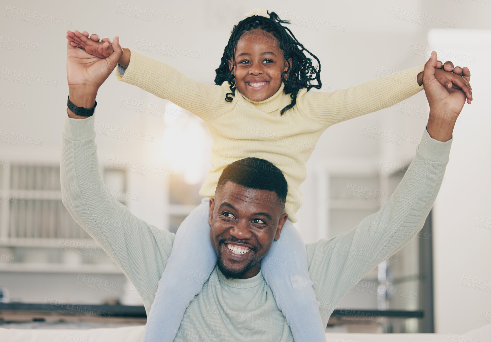 Buy stock photo Black family, house and dad having fun with a happy child on a living room sofa with happiness. Father, parent love and support of a kid with a smile and youth in a home with lens flare in lounge 