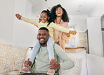 Portrait, love and black family on couch, quality time and happiness for bonding, loving and playing on weekend break. Face, parents and mother with father, female kid and child on sofa, smile or joy