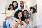 Black family, smile and portrait on sofa with kids, parents and grandparents with happiness, love and care. Senior man, women and children with generations, hug and bonding in living room on holiday