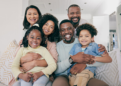 Buy stock photo Black family, smile and portrait on couch with children, parents and grandparents with happiness, love and care. Senior man, women and kids with generations, hug and bonding in living room on sofa