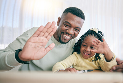 Buy stock photo Video call, black family and online education with father support for child development, e learning and welcome to webinar. Hello, wave and happy dad or man with kid for elearning platform discussion