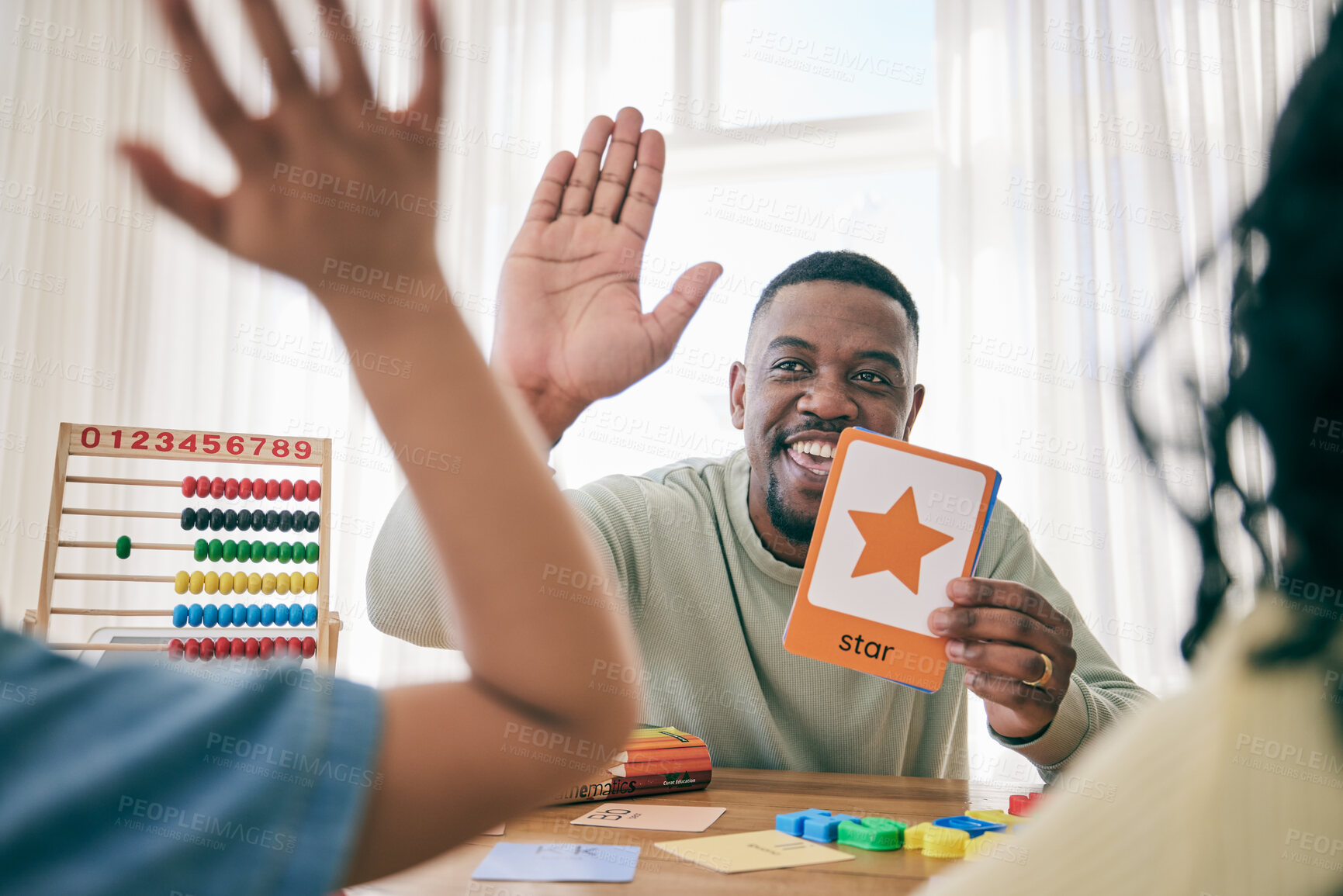 Buy stock photo Learning, high five and father with children for homework, school activity and learning shapes at home. Black family, education and happy dad with kids smile for creative teaching, lesson and help