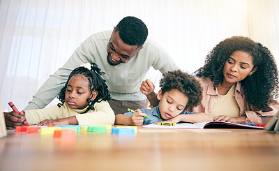 Buy stock photo Learning, writing and parents with children with homework, school activity and learning at home desk. Black family, education and mom, dad and kids with paper, drawing and crayon for teaching lesson