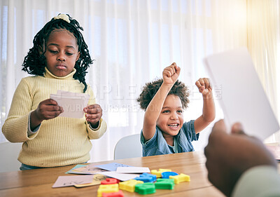 Buy stock photo Education, help and parents with children for homework, school activity and learning with paper. Black family, creative project and happy boy and girl excited for teaching, lesson and playing at home