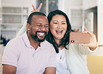 Senior black couple, selfie and happy in home together for hug, social media and relax with peace sign hand. Mature man, woman and digital photography app in house for embrace, bonding and bunny ears