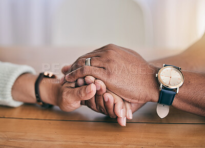 Buy stock photo Closeup of couple hand holding in support, empathy and help for bad news, depression or mental health problem. Therapy, psychology and depressed, sad or anxiety of mature man and woman hands together