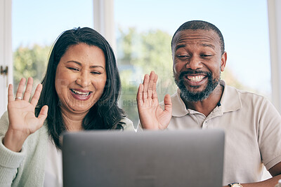 Buy stock photo Mature couple on video call for home networking, international conversation and talking to people online. Virtual communication, wave hello and happy biracial woman with her partner on laptop