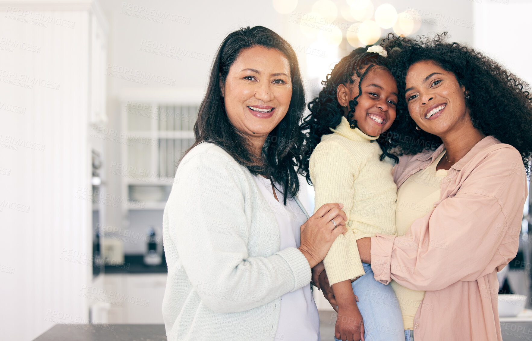 Buy stock photo Portrait of family, mother and daughter with child, love and multiracial relationship with happy adoption. Diversity, mom and grandma with girl, women with smile and support in loving home together.