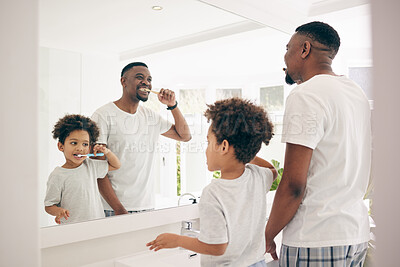 Buy stock photo Brushing teeth, black family and cleaning morning routine in a bathroom with a dad and child. Hygiene learning, kid and father together in a house with toothbrush and youth doing self care for dental