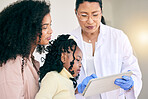 Tablet, healthcare and doctor with a mother and child in discussion on test results in the hospital. Professional, communication and female medical worker on a mobile device with the mom and kid.