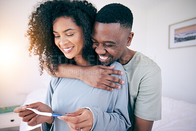 Buy stock photo Pregnancy test, hug and black couple in a home with a smile from baby news. Support, care and happy parents with a young and new mother and dad together feeling love with pregnant woman in bedroom