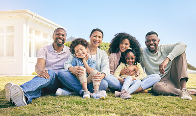 Buy stock photo Family, portrait and generations, relax together on grass with happiness, grandparents and parents with children. Happy people outdoor, summer and sitting on lawn, love and bonding with smile