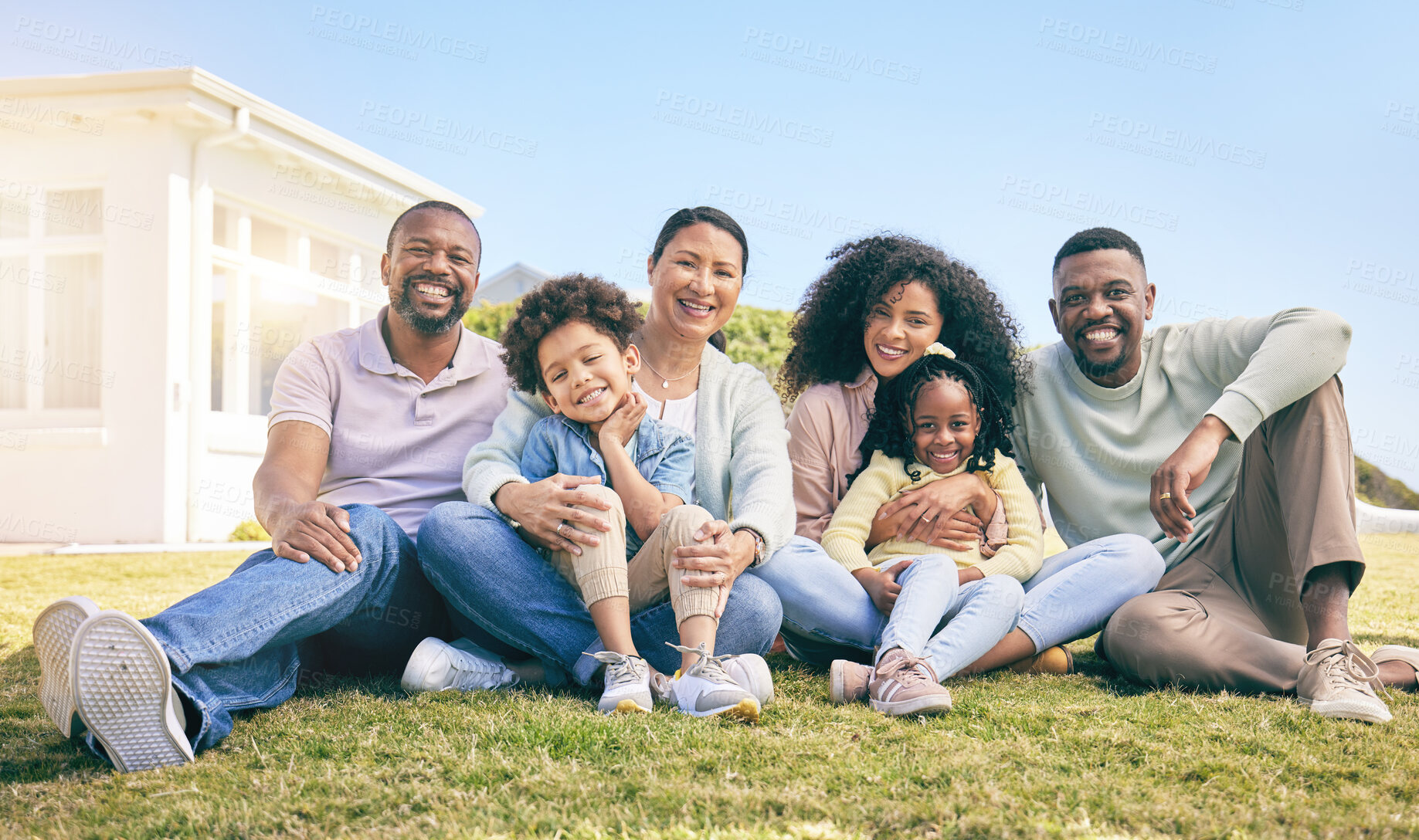 Buy stock photo Family, portrait and generations, relax together on grass with happiness, grandparents and parents with children. Happy people outdoor, summer and sitting on lawn, love and bonding with smile