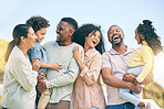 Love, children and black family laughing in the garden of a home together, having fun outdoor during summer. Laughter, park or comic with parents, grandparents and kids bonding or joking outside