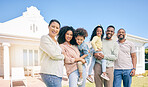 Portrait of generations of black family outside new home, real estate, investment and mortgage with security. Grandparents, parents and children standing together, homeowners with smile and happiness