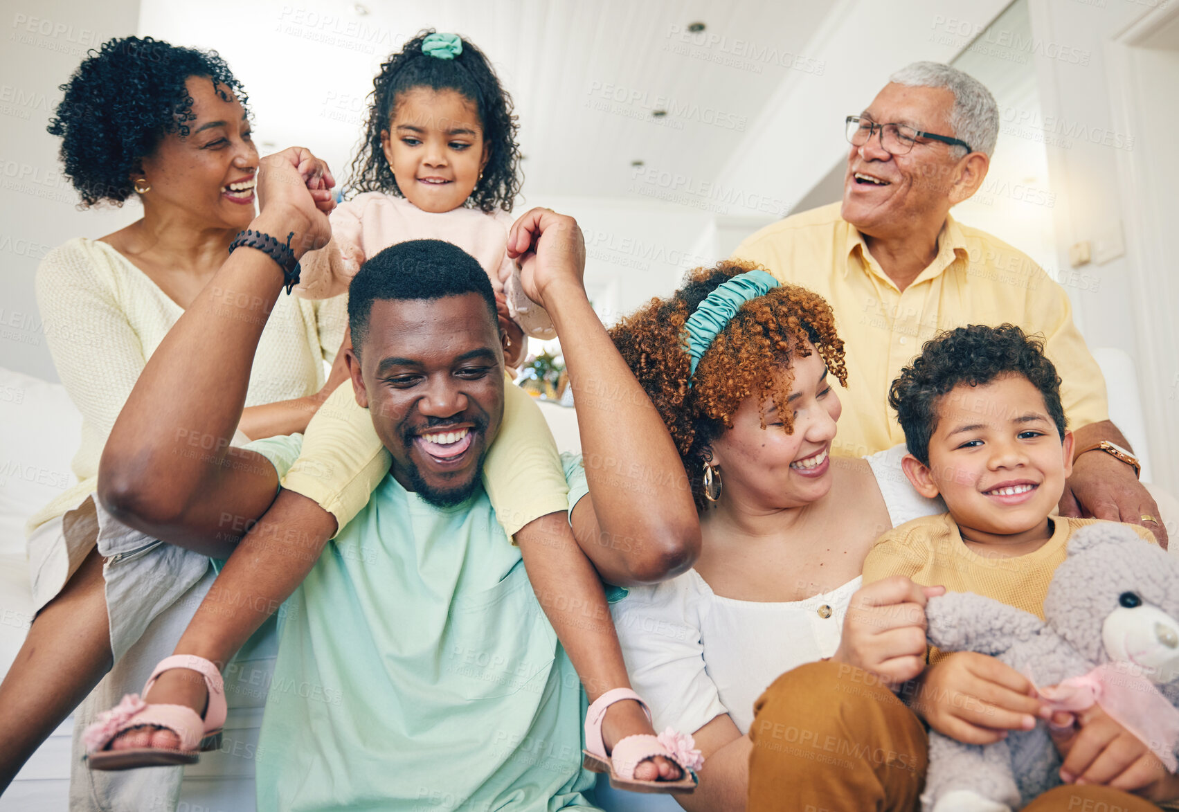 Buy stock photo Black family, house and living room sofa of a mother, father and children with happiness. Happy, smile and bonding of a mom, dad and young kids together having fun with grandparents love and support