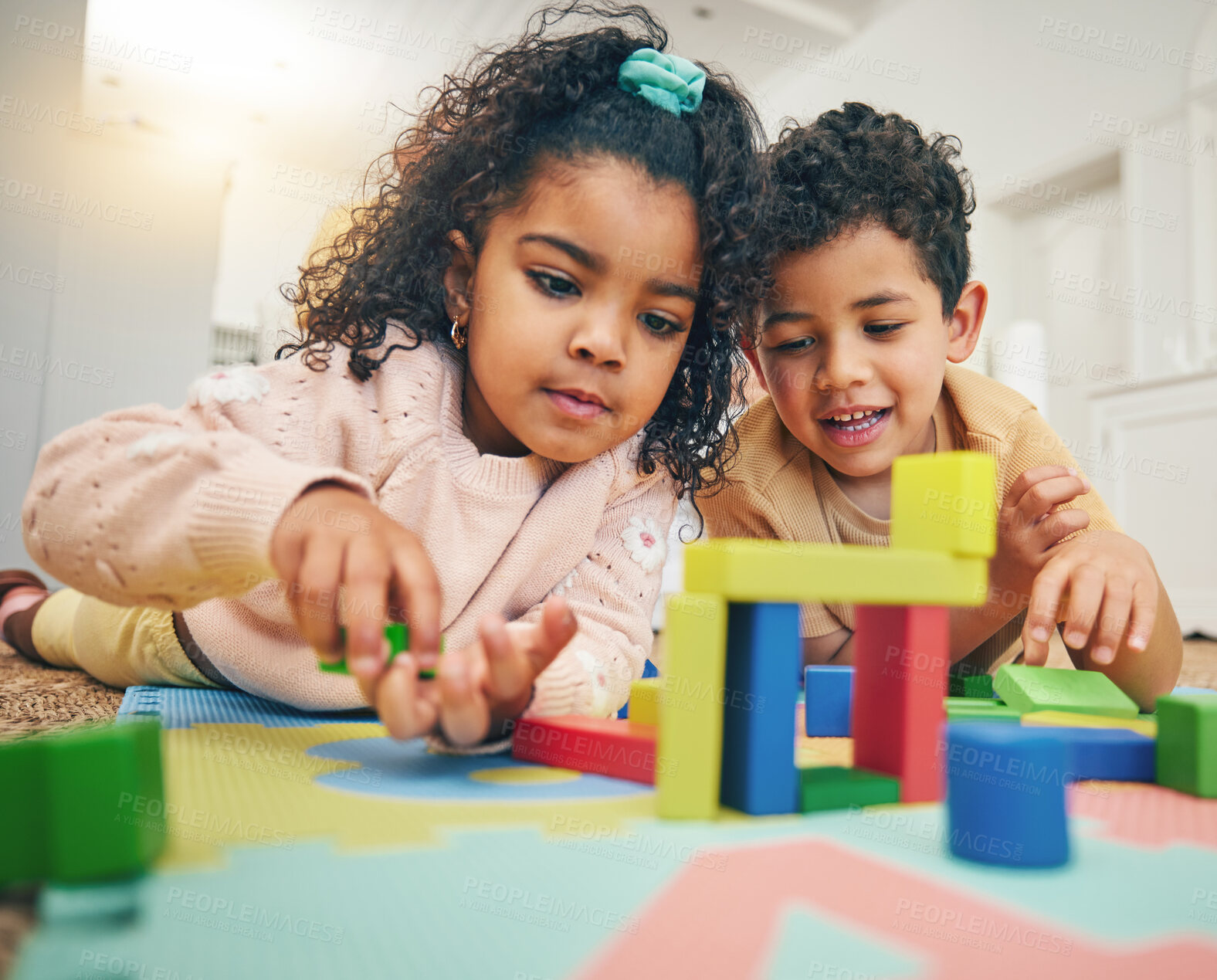 Buy stock photo Building blocks, happy children and floor with toys for playing, bonding and educational games at home. Family, child development and boy and girl enjoy creative activity, learning and relaxing