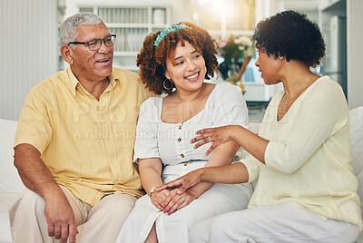 Buy stock photo Family, woman and home with senior people talking on a living room sofa in a house. Smile, communication and love of a female with elderly parents conversation in a lounge together on a couch 