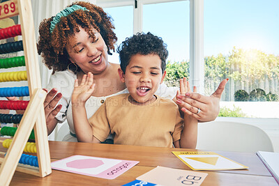 Learning, happy and education with mother with son study for home schooling, kindergarten and tutor. Teaching, child development and lesson with black woman and child for language, math and creative