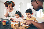 Love, black family and breakfast for nutrition, quality time and wellness in kitchen, happiness and joyful. Parents, mother and father with children, kids and start day with meal, health and happy