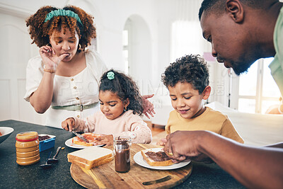 Buy stock photo Love, black family and breakfast for nutrition, quality time and wellness in kitchen, happiness and joyful. Parents, mother and father with children, kids and start day with meal, health and happy