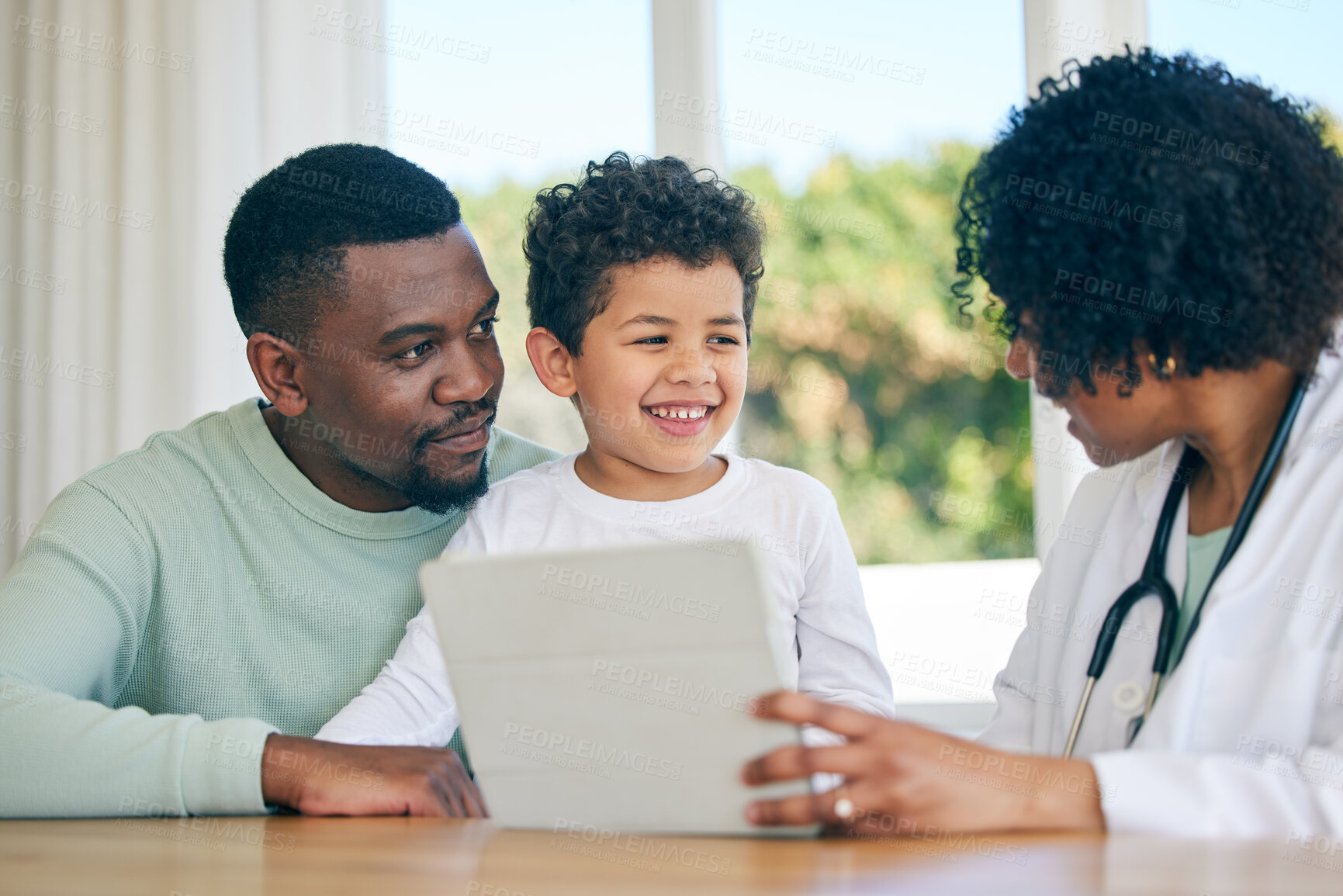 Buy stock photo Pediatrician tablet, dad and child with a smile from patient results with good news at a hospital. Happy kid, father and doctor in a clinic consultation office with a healthcare worker and family 