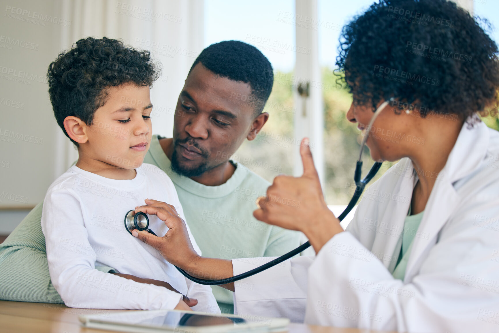 Buy stock photo African dad, pediatrician with stethoscope and child in doctors office for health checkup on heart, lungs and breathing. Black man, son and woman doctor with thumbs up or good results in healthcare.