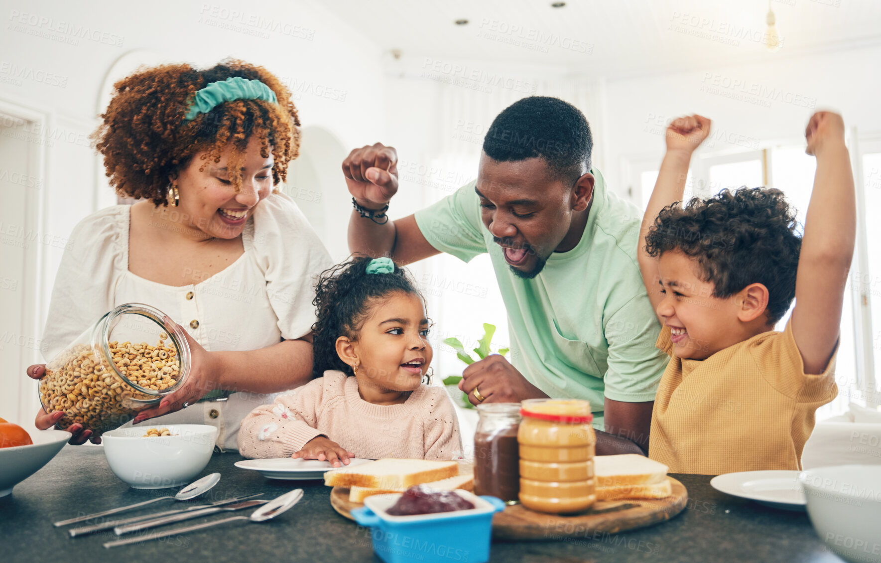 Buy stock photo Love, breakfast food and happy black family children, mother and father eating meal, bonding and prepare ingredients. Morning, kitchen counter or hungry mom, dad and young youth kids excited at home