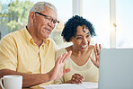 Senior man, old woman and laptop for video call with wave, hello and smile in morning for web communication. Elderly couple, contact and computer for social media streaming, chat and happy in house