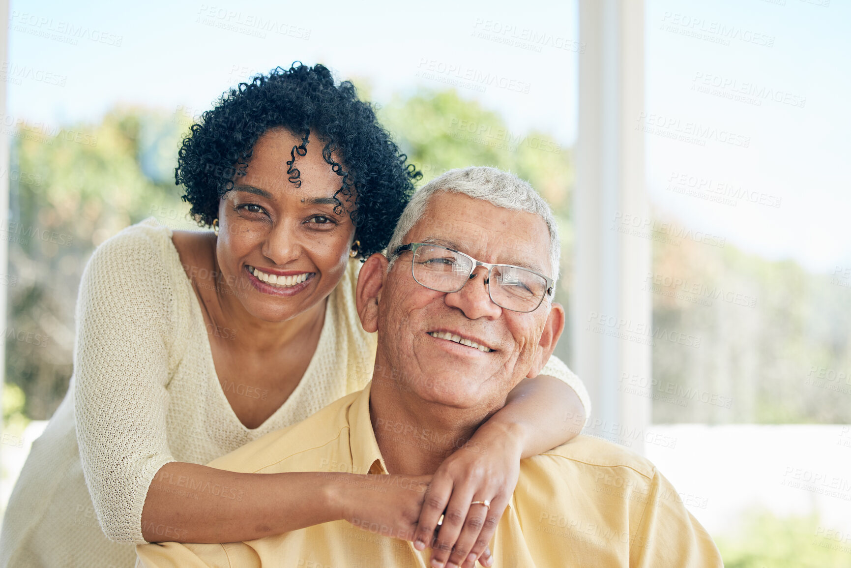 Buy stock photo Portrait, love and senior couple hug, smile and quality time with joy, cheerful or celebrate relationship. Face, old man and mature woman embrace, happiness or affection with care, relax and marriage