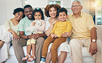 Portrait, happy and family on couch, quality time and bonding with rest, relax and loving together. Face, grandparents and father with mother, siblings and children on sofa, relationship or happiness