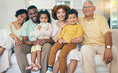 Buy stock photo Portrait, happy and family on couch, quality time and bonding with rest, relax and loving together. Face, grandparents and father with mother, siblings and children on sofa, relationship or happiness