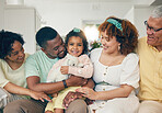 Black family, portrait and living room sofa with grandparents, parent love and care in home. Lounge, happiness and kids with mom and dad together feeling happy with a hug on couch with mama and dad